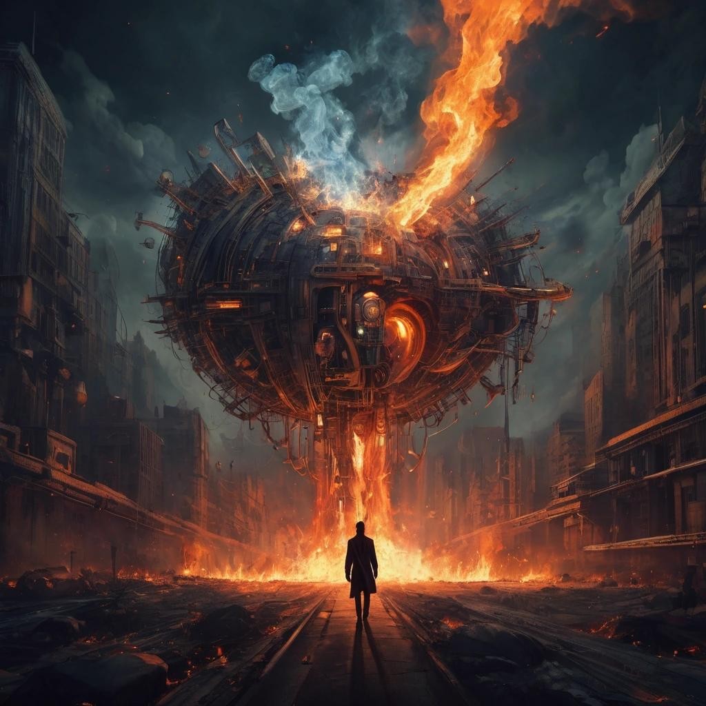 Image with seed 1216572698 generated via Stable Diffusion through @stablehorde@sigmoid.social. Prompt: Time is the fire in which we all burn. Surrealism, fantasy, science fiction, cyberpunk