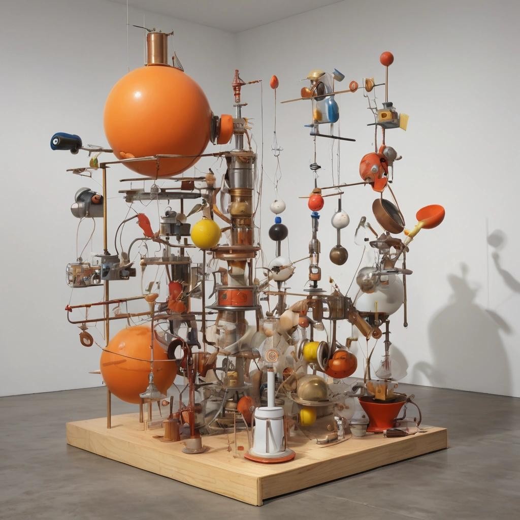 Image with seed 2102700563 generated via Stable Diffusion through @stablehorde@sigmoid.social. Prompt: The Tipping Points, surrealism, dada, silly, playful, whimsical, strange, Rube Goldberg Machine, weird apparatus, 3d installation