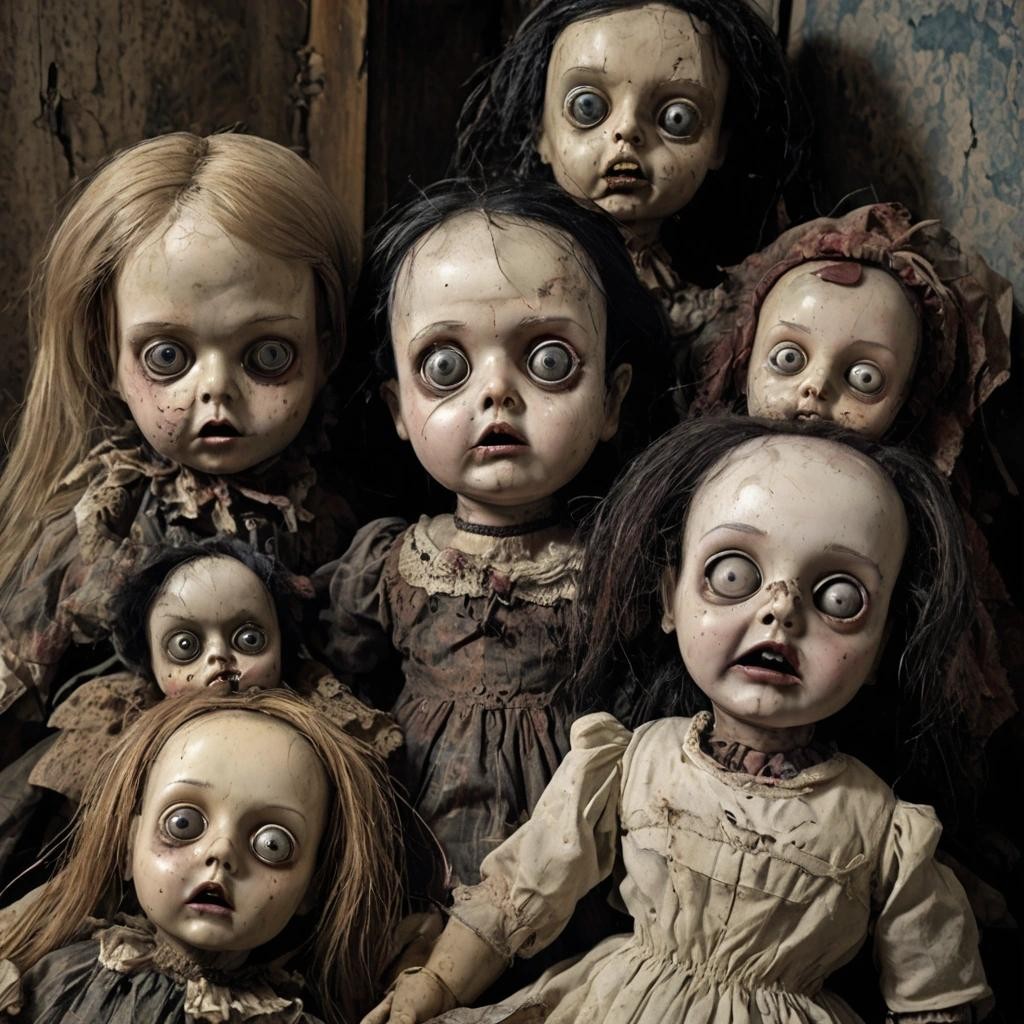 Image with seed 105882726 generated via Stable Diffusion through @stablehorde@sigmoid.social. Prompt: creepy old dolls, broken, patched up, bent, mutated, cursed, horror, dark, menacing, gothic, masterpiece, best quality, expressive eyes