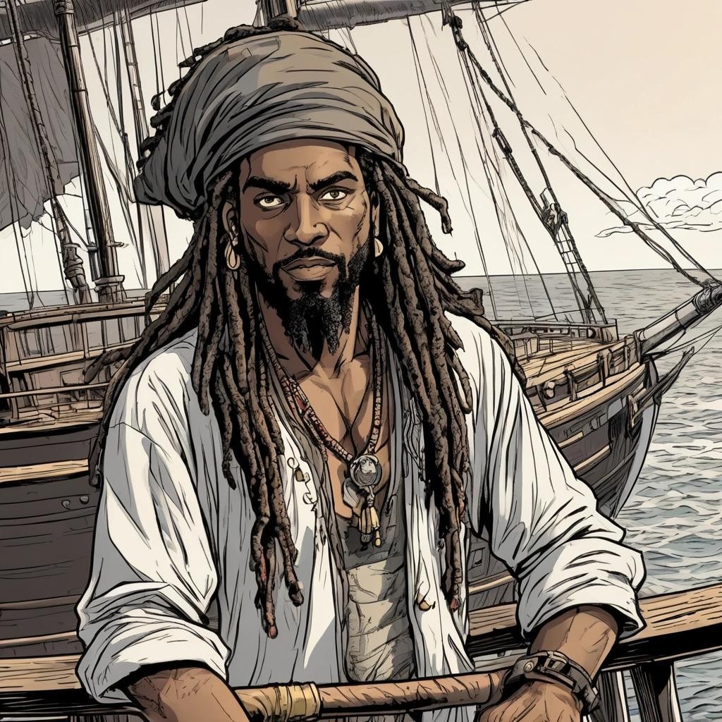 Image with seed 2479989442 generated via Stable Diffusion through @stablehorde@sigmoid.social. Prompt: Comic book drawing of a black pirate Rastaman with thick dreadlocks wearing a pirate hat, looking very relaxed, standing on the deck of a pirate ship, attractive young face, expressive eyes