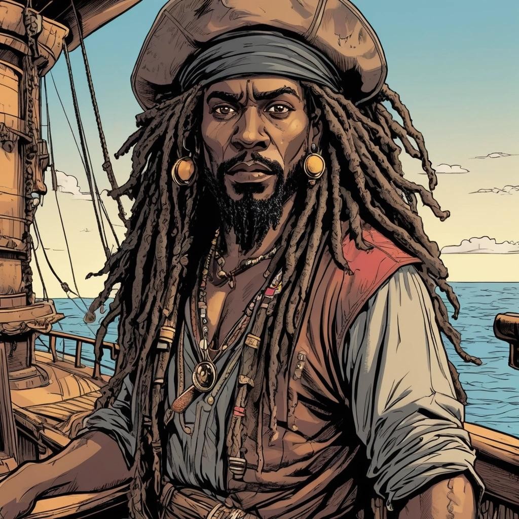 Image with seed 2276859800 generated via Stable Diffusion through @stablehorde@sigmoid.social. Prompt: Comic book drawing of a black pirate Rastaman with thick dreadlocks wearing a pirate hat, looking very relaxed, standing on the deck of a pirate ship, attractive young face, expressive eyes