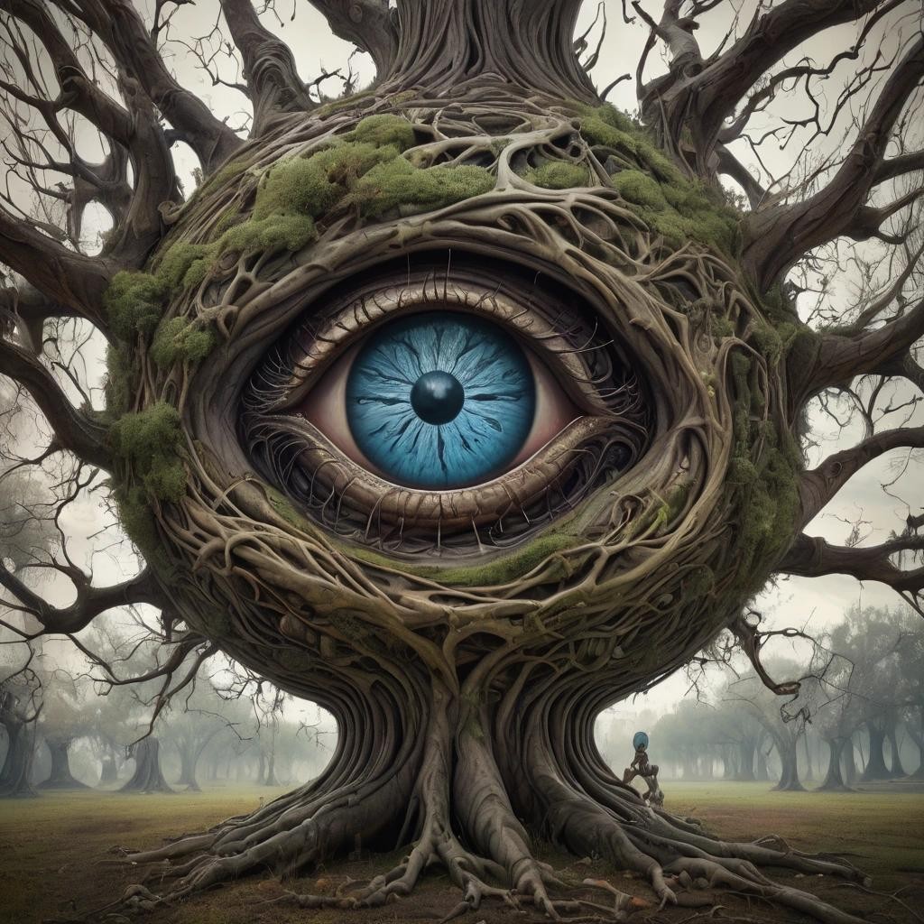 Image with seed 4172670200 generated via Stable Diffusion through @stablehorde@sigmoid.social. Prompt: A huge eyeball growing in a giant tree, surrealism, weird plants, whimsical, trending on Artstation, highly detailed, elegant, fantasy, photorealistic, high detail, hyperrealistic, 4K 3D, colourful, dreamlike, Surrealism, heavy metal, whimsical, Moebius, H.R. Giger, Hieronymus Bosch, Jacek Yerka, Gothic, Salvador Dali