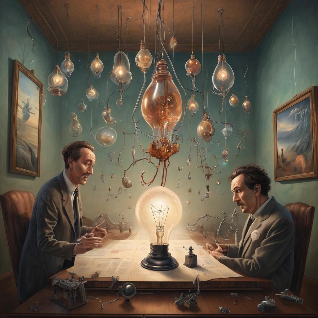 Image with seed 676558299 generated via Stable Diffusion through @stablehorde@sigmoid.social. Prompt: Q: How many quantum physicists does it take to change a lightbulb? A: One. Two to do it, and one to renormalise the wave function. digital painting, poster, surrealism, Salvador Dali, Max Ernst, Yves Tanguy, Shaun Tan