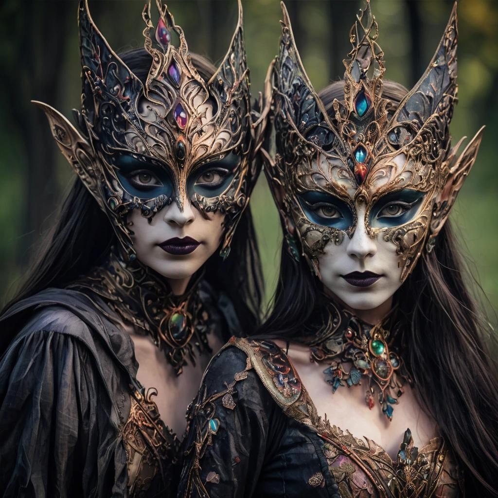 Image with seed 891452243 generated via Stable Diffusion through @stablehorde@sigmoid.social. Prompt: People wearing masks. The greater festival of masks. Dark fantasy. Elves, fairies, masquerade, intricate, whimsical, (masterpiece), best quality, expressive eyes, perfect face
