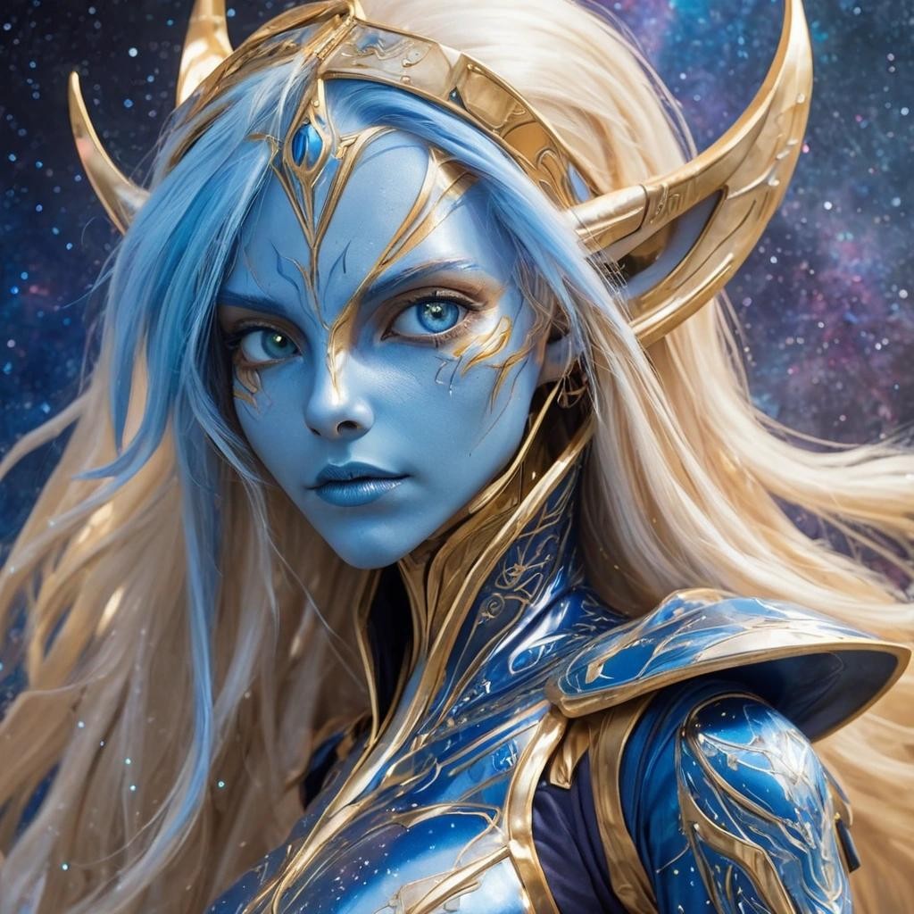 Image with seed 127655408 generated via Stable Diffusion through @stablehorde@sigmoid.social. Prompt: Alien Space Elves on a mission, starship crew, pointy elf ears, blue skin, long golden hair, silver jumpsuit uniforms, whimsical, intricate, elfin, space fantasy, scifi, nebula, stars, outer space, (masterpiece), best quality, expressive eyes, perfect face