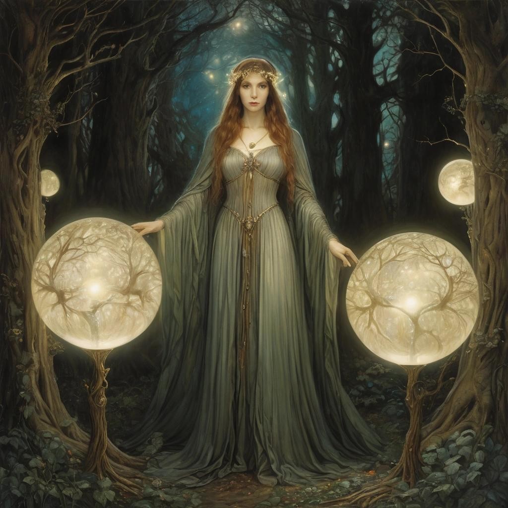 Image with seed 3095883266 generated via Stable Diffusion through @stablehorde@sigmoid.social. Prompt: Elven Priestess standing between two glowing orbs in a magical grove at night, highly detailed, elegant, fantasy, oil on canvas, very attractive, beautiful, award winning, high definition, crisp quality, Pre-Raphaelite, Dante Gabriel Rossetti, John William Waterhouse, Lawrence Alma-Tadema, Jean-Auguste-Dominique Ingres, Arthur Rackham, Marc Chagall, Alan Lee, John Howe, Ted Nasmith, Brian Froud, John Bauer