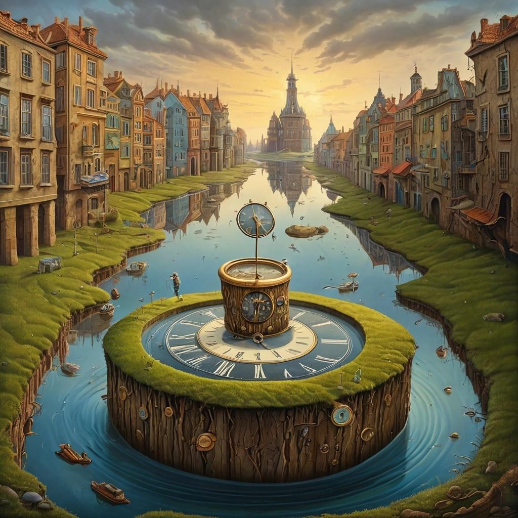 Image with seed 1791844016 generated via Stable Diffusion through @stablehorde@sigmoid.social. Prompt: No-Time Toulouse, surrealist landscape, clock melting, man, highly detailed. oil painting, Jacek Yerka, Gediminas Pranckevicius, Salvador Dali, Erik Johansson