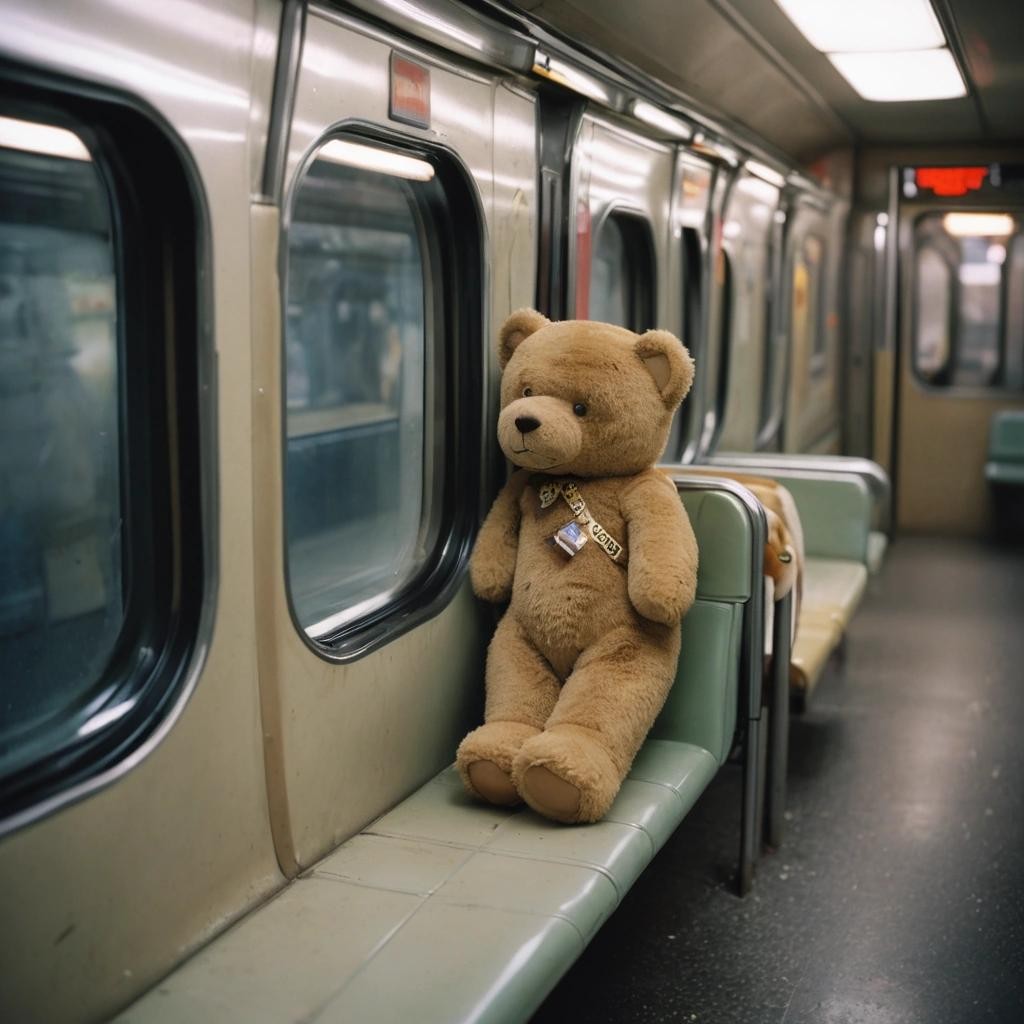 Image with seed 3165893867 generated via Stable Diffusion through @stablehorde@sigmoid.social. Prompt: Crisp candid 35mm shot capturing a teddybear left on a seat through the window of a moving subway, motion, cinematic expired slide film