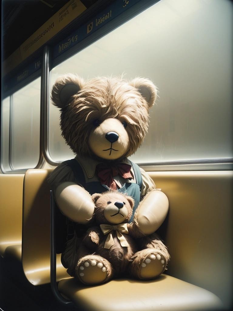 Image with seed 2608454191 generated via Stable Diffusion through @stablehorde@sigmoid.social. Prompt: yellowed old photo, damaged, light leaks, early 19th century dust, scratches, award winning masterpiece, foggy, Crisp candid 35mm shot capturing a teddybear left on a seat through the window of a moving subway, motion, cinematic expired slide film . vintage yearbook photograph, analog###color,