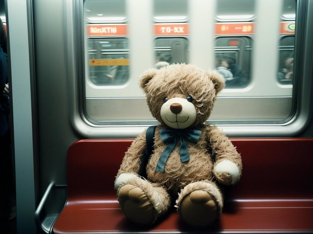 Image with seed 972664582 generated via Stable Diffusion through @stablehorde@sigmoid.social. Prompt: Crisp candid 35mm shot capturing a teddybear left on a seat through the window of a moving subway, motion, cinematic expired slide film###