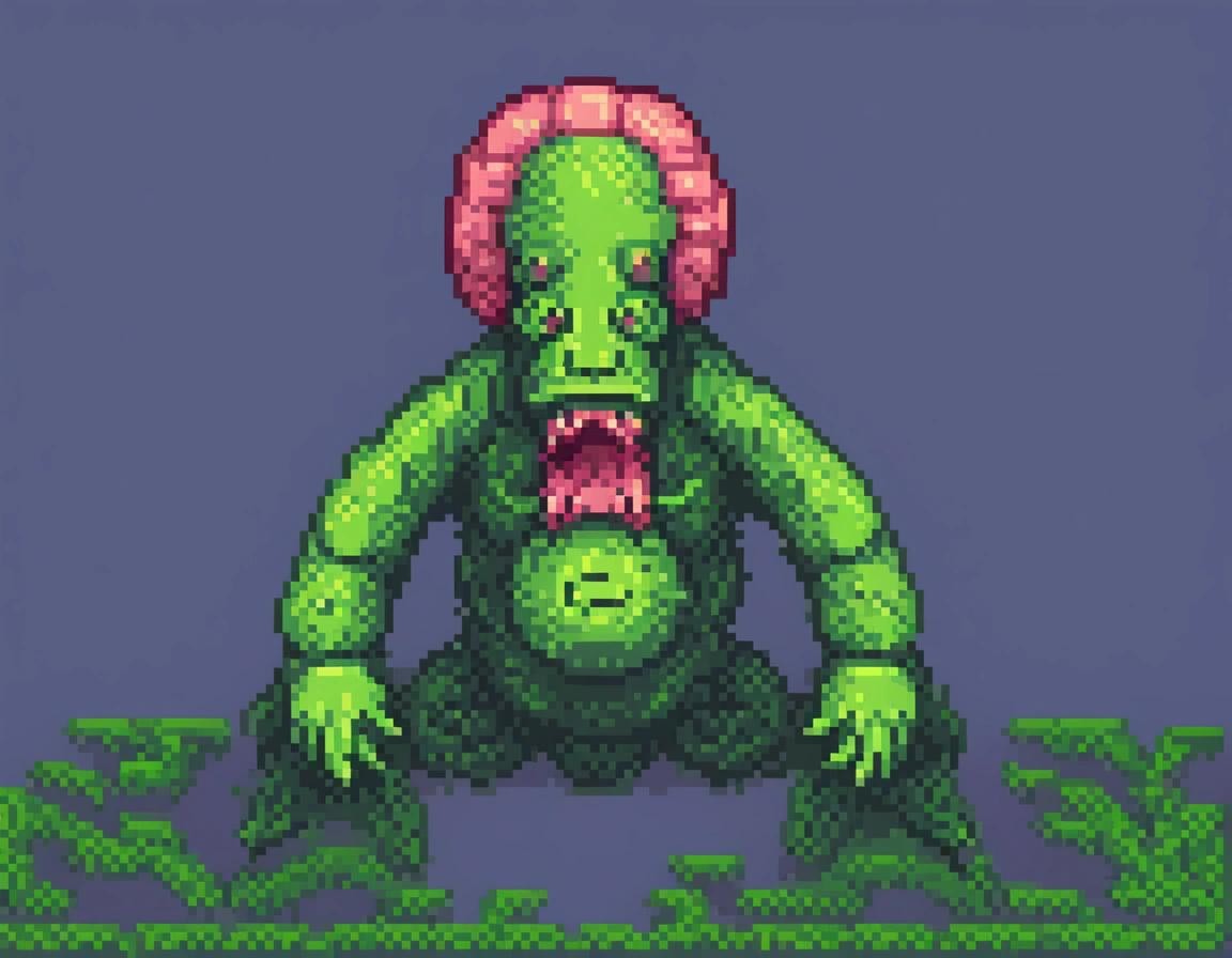 Image with seed 2903178566 generated via Stable Diffusion through @stablehorde@sigmoid.social. Prompt: pixel-art, Mr Brainworm , low-res, blocky, pixel art style, 16-bit graphics###sloppy, messy, blurry, noisy, highly detailed, ultra textured, photo, realistic