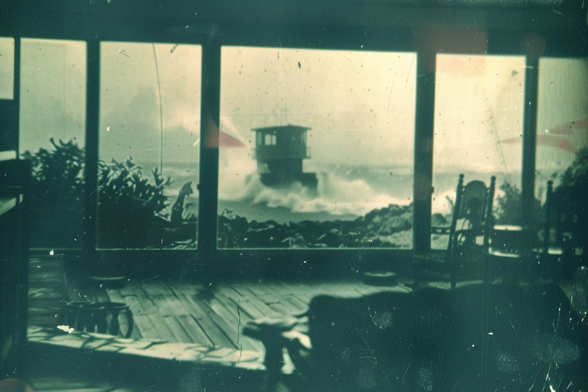 View from a beach house with wide windows of a coastal watchtower which is heavily beset by crashing waves