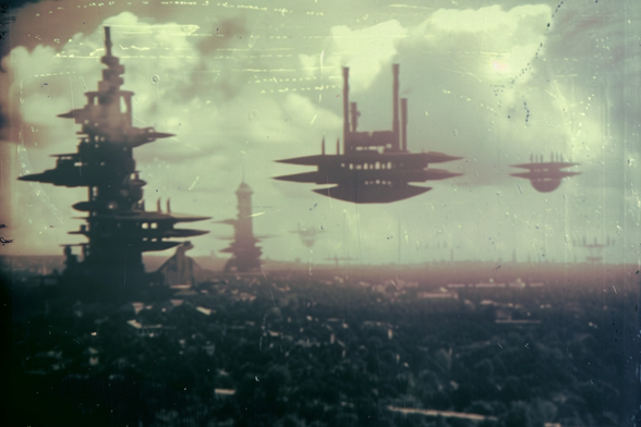 Strange flying machines hang over a city with strange towers