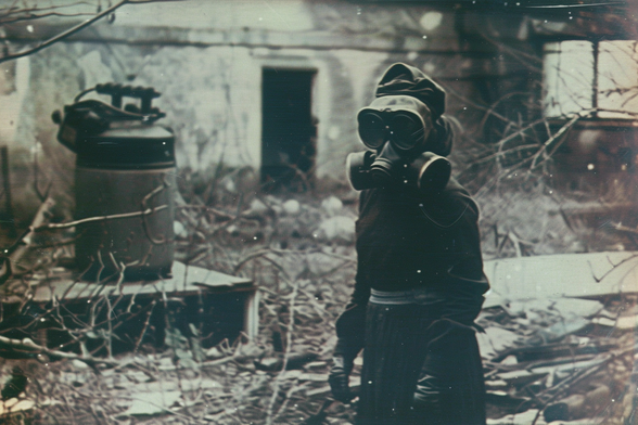 A slight figure wearing a gas mask and clothes which cover every inch of their body, standing in the overgrown ruins of a large building. A canister of some kind is sitting on a small platform behind them