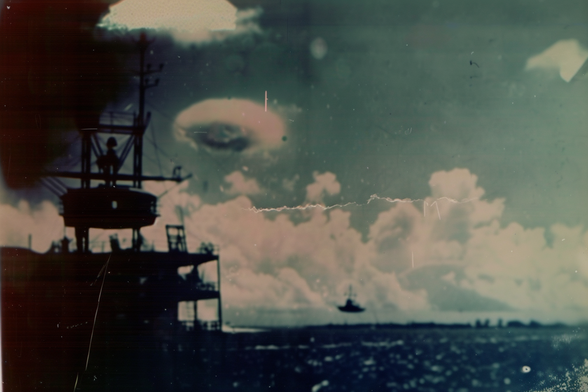 A communications or radar tower at a remote airfield. A oddly ship-shaped aircraft is floating or flying over the horizon