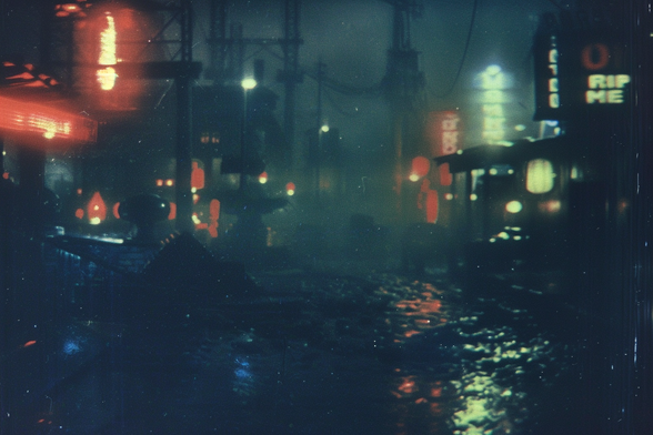 View of a wet street late at night. In the background are industrial or electrical towers. In the foreground are buildings with neon signs, most of which are not quite legible except for one which clearly says "RIP ME"