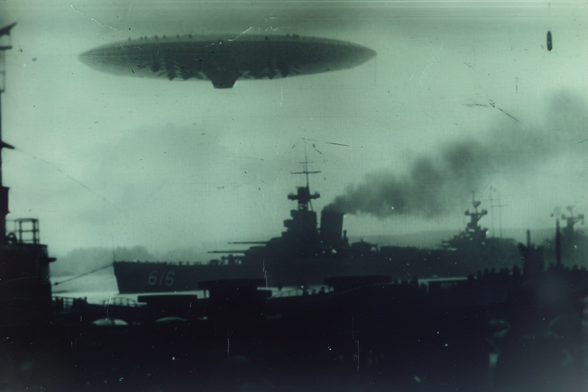 Large airship or flying saucer above a battleship (hull number 615) which is making steam but tied up in port. Three or four other warships are visible nearby