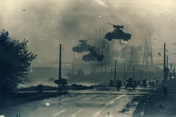Three hover tanks form an advance guard over a column of military ground vehicles advancing along a highway. Smoke fills the background