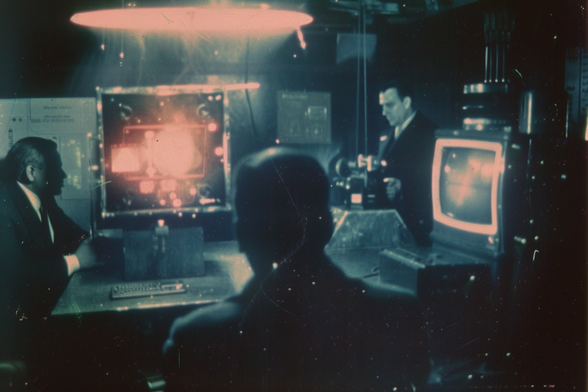 Three men in suits sit around unidentifiable electronic and computer equipment. Two monitors are visible which show diagrams or fluid shapes