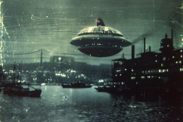 A big UFO hovers over a dockyard at night