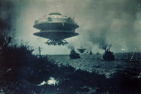 Several big UFOs hover over a coastal convoy