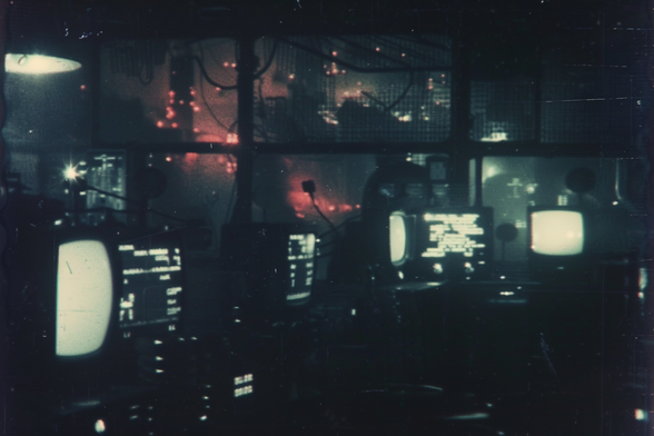 View of a control room with a number of CRT monitors showing text displays. Screens or windows beyond show a city or a factory, possibly in flames