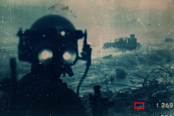 A soldier of the future with glowing goggles and radio built in to their helmet. A hovercraft is struggling over strangely whipped seas in the background. The image is overprinted in one corner with a small red rectangle and the number 1.269