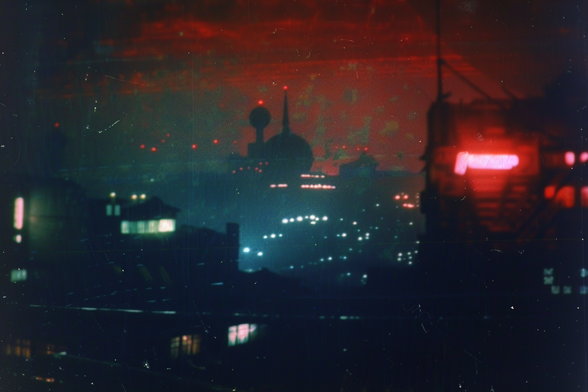 View over the rooftops of a city at night, with several domes and towers on the horizon. The sky is red though it doesn’t look like dusk