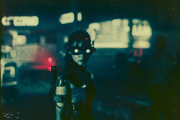 A woman with night-vision goggles OR a cyborg, standing in a blurry commercial district