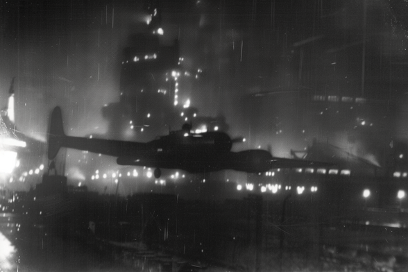 An aeroplane takes off at night from a city airport or possibly an aircraft carrier