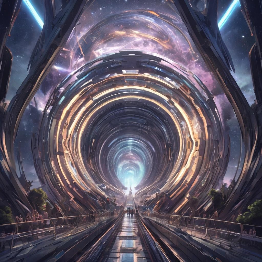 Image with seed 4082089292 generated via Stable Diffusion through @stablehorde@sigmoid.social. Prompt: opening ceremony for the Einstein Podolsky Rosen Bridge, science fiction, fantasy, space opera, interdimensional portal