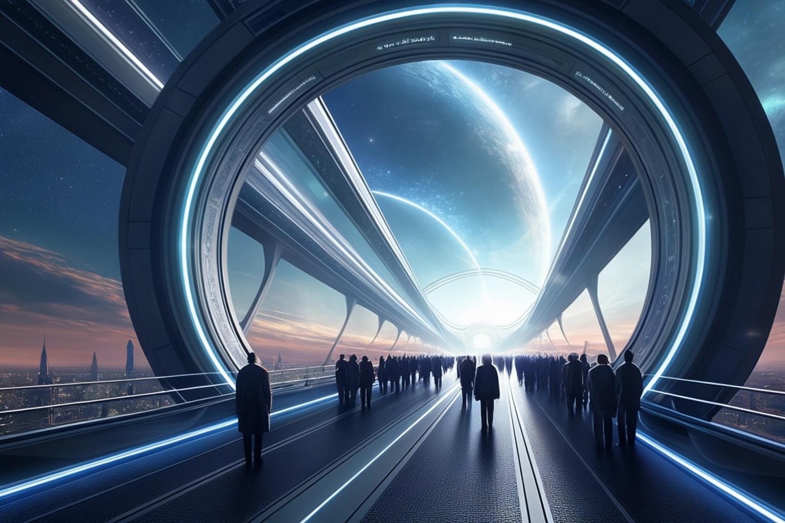 Image with seed 3602544769 generated via Stable Diffusion through @stablehorde@sigmoid.social. Prompt: opening ceremony for the Einstein Podolsky Rosen Bridge, science fiction, fantasy, space opera, interdimensional portal 