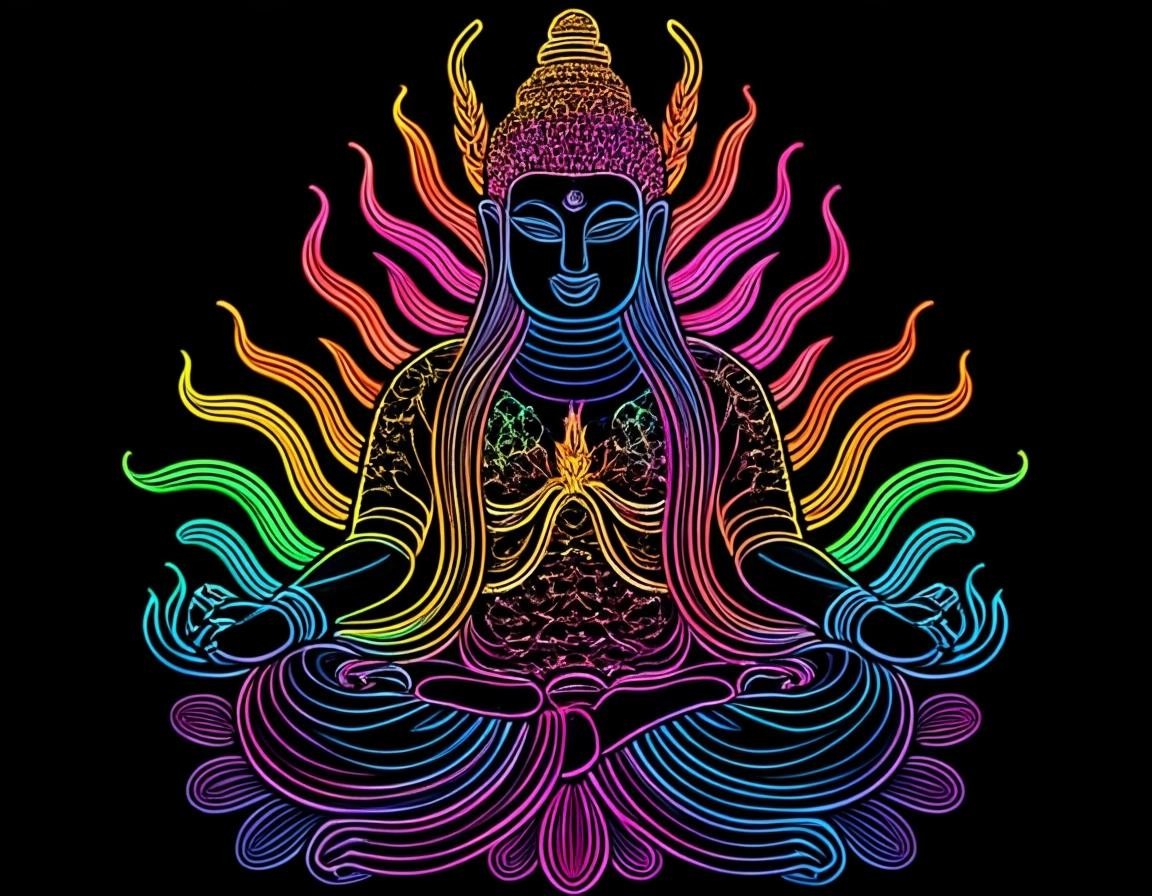 Image with seed 3247622079 generated via Stable Diffusion through @stablehorde@sigmoid.social. Prompt: Intricate colorful neon rainbow lobster Buddha  darkness, intricately stylized vector design, line work, flourishes, patterns###white, blank,