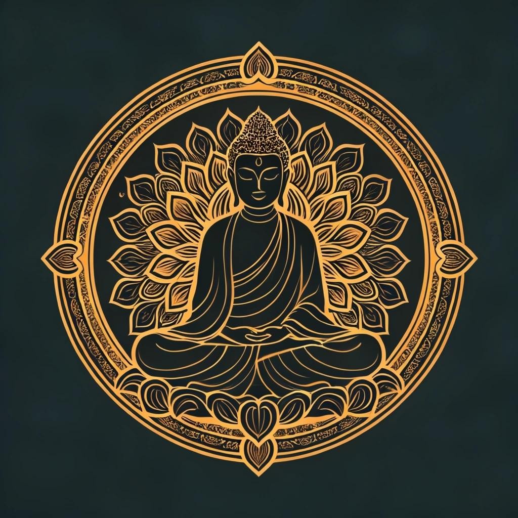 Image with seed 2302347452 generated via Stable Diffusion through @stablehorde@sigmoid.social. Prompt: a logo about Thoughts and praxis about long-term wellbeing, contentment, and personal fulfillment in the spirit of Epicureanism with some Buddhist style mixed in 