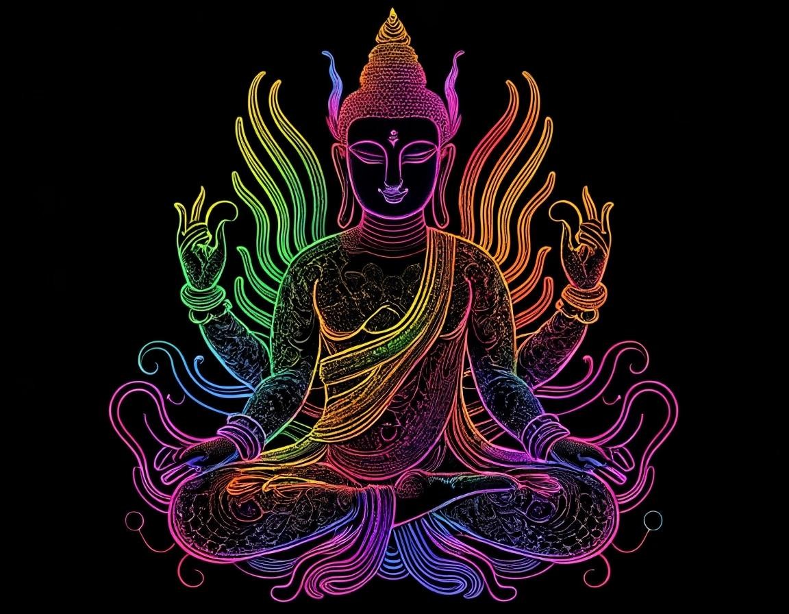 Image with seed 2442454936 generated via Stable Diffusion through @stablehorde@sigmoid.social. Prompt: Intricate colorful neon rainbow lobster Buddha  darkness, intricately stylized vector design, line work, flourishes, patterns###white, blank,