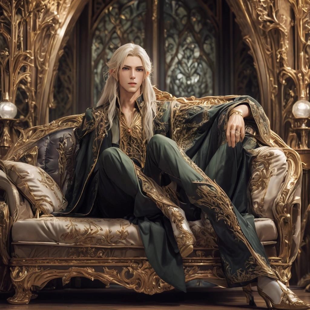Image with seed 1426552169 generated via Stable Diffusion through @stablehorde@sigmoid.social. Prompt:  A handsome Elf Prince sitting on a luxurious sofa, male, bishounen, skinny, long hair, pointy ears, fantasy, art nouveau furniture, Elven palace, (masterpiece), best quality, expressive eyes, perfect face