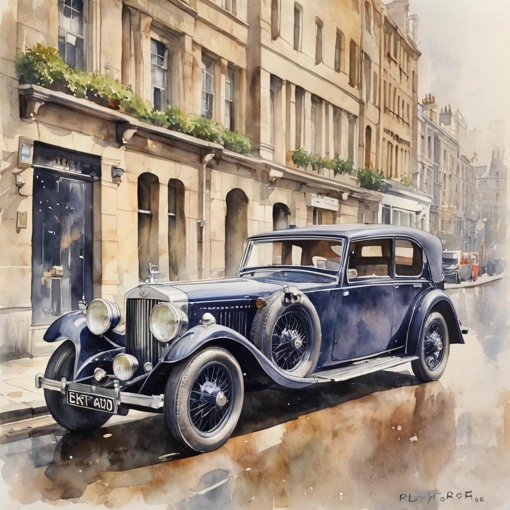 Image with seed 1515321134 generated via Stable Diffusion through @stablehorde@sigmoid.social. Prompt: A 1935 Bentley in London, watercolour