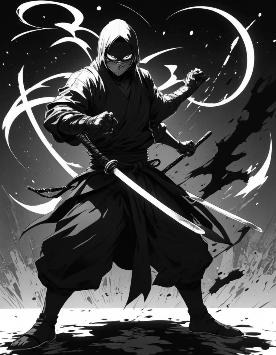 Image with seed 2780573675 generated via Stable Diffusion through @stablehorde@sigmoid.social. Prompt: (manga, heavy outlines, thick linework, monochrome, flat, black and white:1.2), a White ninja in the middle of the night in different martial positions. He has a katana and shurikens. ###(3d, color)
