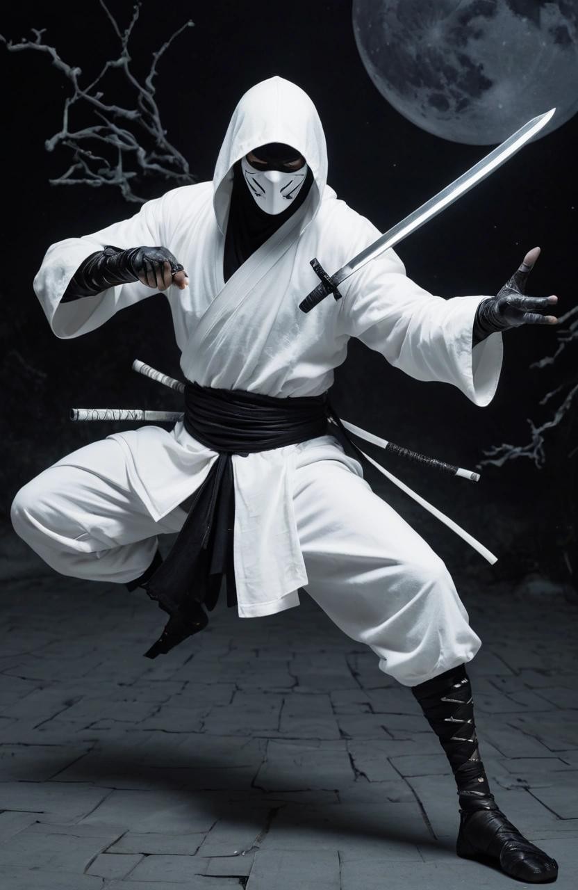 Image with seed 2923971661 generated via Stable Diffusion through @stablehorde@sigmoid.social. Prompt: ((A modern Tarot card)), a White ninja in the middle of the night in different martial positions. He has a katana and shurikens. ###photorealistic, cute, modern, simple, anime, plain, vector, lowres, cropped, limneart, cgi, 3d, antique