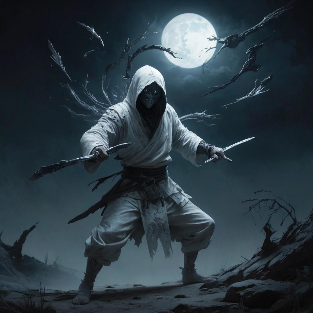 Image with seed 3040142647 generated via Stable Diffusion through @stablehorde@sigmoid.social. Prompt: highly detailed digital painting of a white ninja in the middle of the night throwing shurikens and with a wolf. , highly realistic fantasy concept art by Darek Zabrocki and Zdzisław Beksiński, paint strokes, intricate, eerie scenery, dark volumetric lighting, triadic color scheme, very coherent, sharp focus, illustration, film grain, spooky vibe