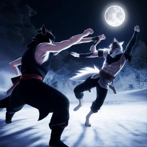 Image with seed 1194240908 generated via Stable Diffusion through @stablehorde@sigmoid.social. Prompt: a white ninja in the middle of the night throwing shurikens and with a wolf. 