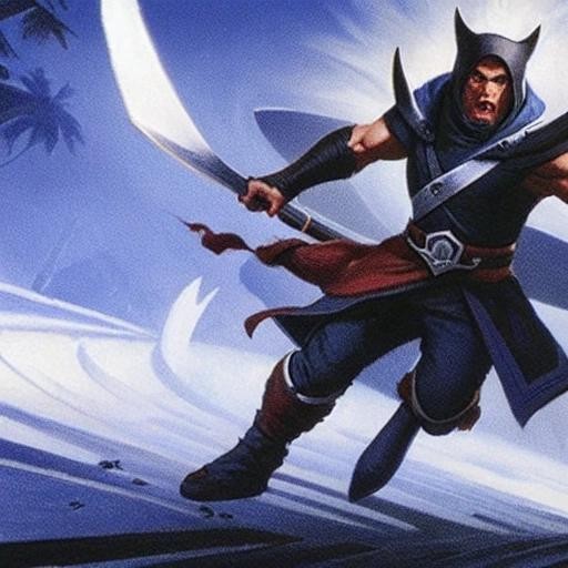 Image with seed 4042840599 generated via Stable Diffusion through @stablehorde@sigmoid.social. Prompt: a white ninja in the middle of the night throwing shurikens and with a wolf. , mtg card art