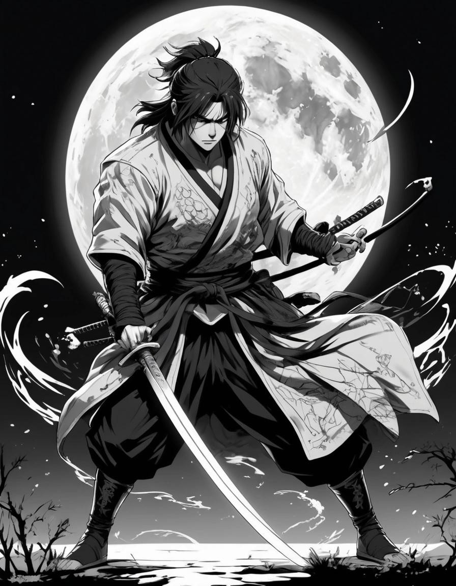 Image with seed 2856744537 generated via Stable Diffusion through @stablehorde@sigmoid.social. Prompt: (manga, heavy outlines, thick linework, monochrome, flat, black and white:1.2), a white ninja in the middle of the night in martial position with a katana with a wolf as a pet. ###(3d, color)