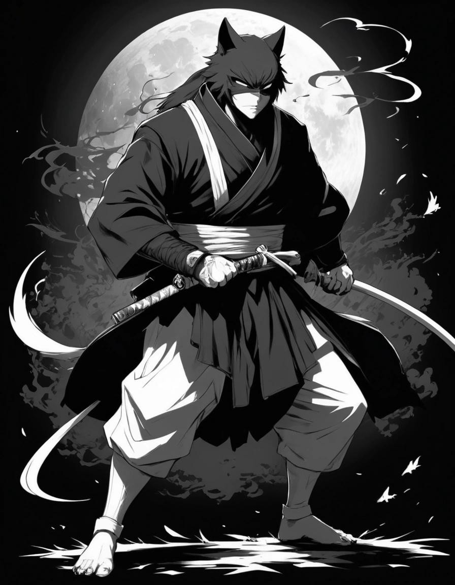 Image with seed 674432837 generated via Stable Diffusion through @stablehorde@sigmoid.social. Prompt: (manga, heavy outlines, thick linework, monochrome, flat, black and white:1.2), a white ninja in the middle of the night in martial position with a katana with a wolf as a pet. ###(3d, color)