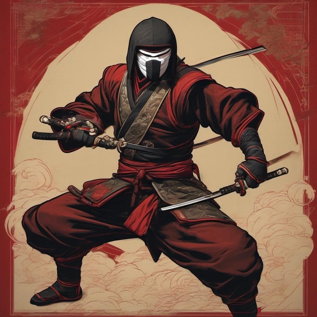 Image with seed 1733381839 generated via Stable Diffusion through @stablehorde@sigmoid.social. Prompt: realistic Traditional Chinese art depicting gijoe's stormshadow ninja at midnight in martial position. , thick outlines, Centered and frontal, solid colors, flat shadows, (red background:0.4), gold embroidery, muted tones###