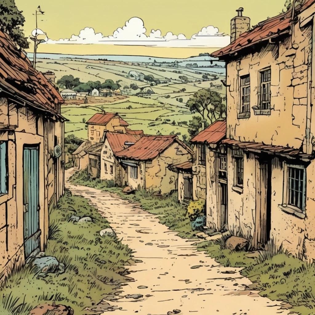 Image with seed 379392680 generated via Stable Diffusion through @stablehorde@sigmoid.social. Prompt: Vast rural landscape with a vintage feel, using aged colors and textures, illustrated by Hergé, style of tintin comics, pen and ink, colorful, beautiful street