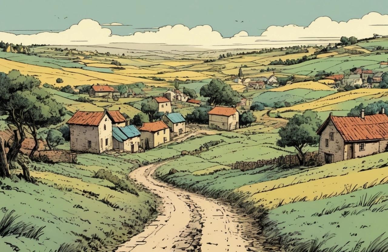 Image with seed 1721521648 generated via Stable Diffusion through @stablehorde@sigmoid.social. Prompt: Vast rural landscape with a vintage feel, using aged colors and textures, illustrated by Hergé, style of tintin comics, pen and ink, colorful, beautiful street 
