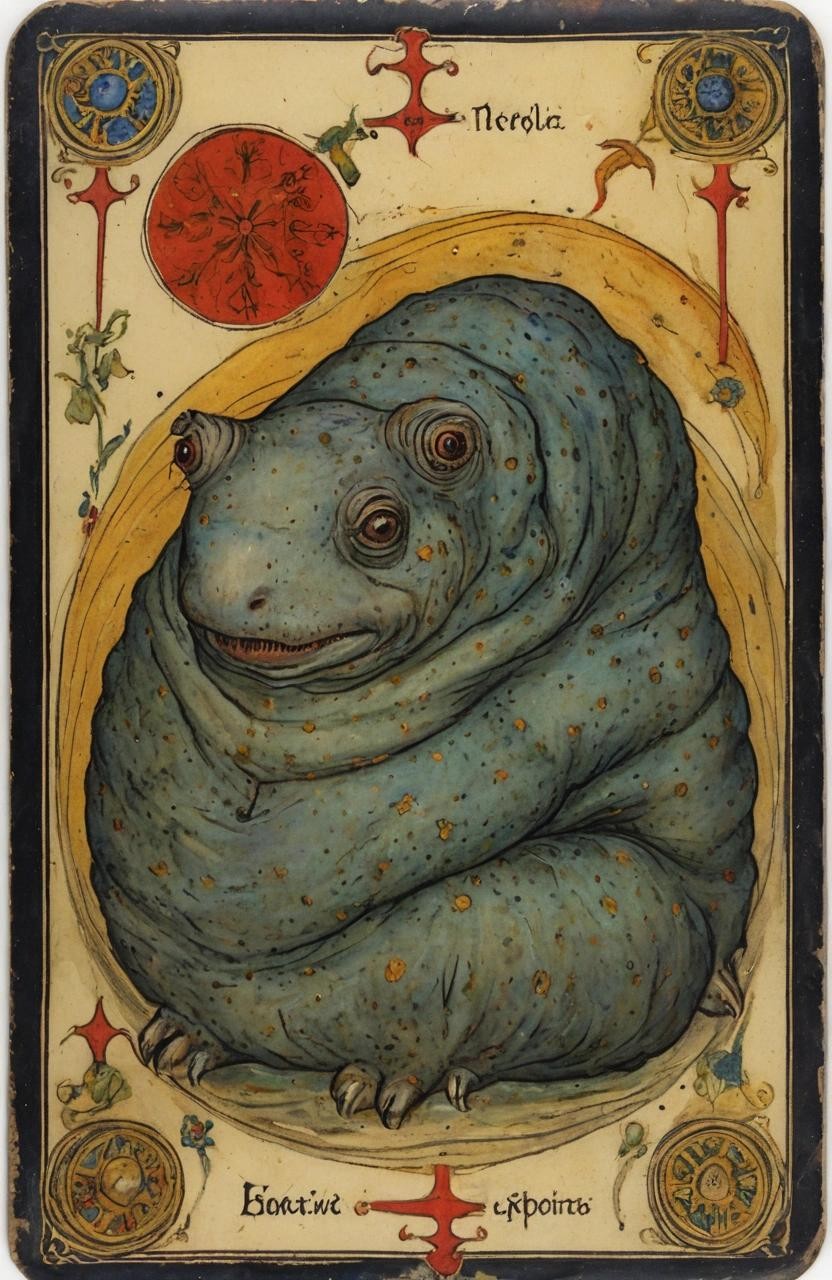 Image with seed 2550746272 generated via Stable Diffusion through @stablehorde@sigmoid.social. Prompt: A hand-painted 15th century Visconti-Sforza style Trionfi Tarot card, antique painting of Tardigrade Superstar , with name below, detailed painting###photorealistic, cute, modern, simple, anime, plain, vector, lowres, cropped, limneart, cgi, 3d