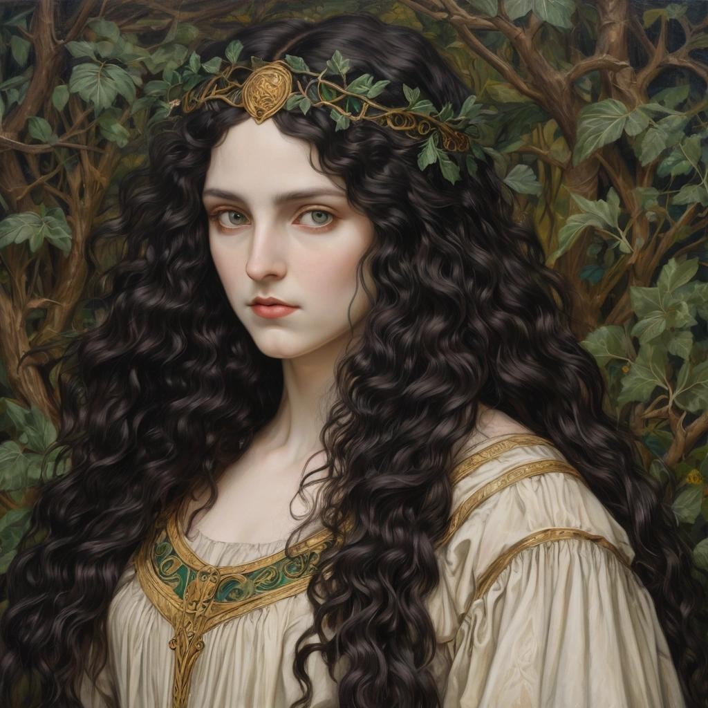 Image with seed 1405316897 generated via Stable Diffusion through @stablehorde@sigmoid.social. Prompt: Pre-Raphaelite oil painting of a beautiful Celtic priestess with long curly black hair and pale skin