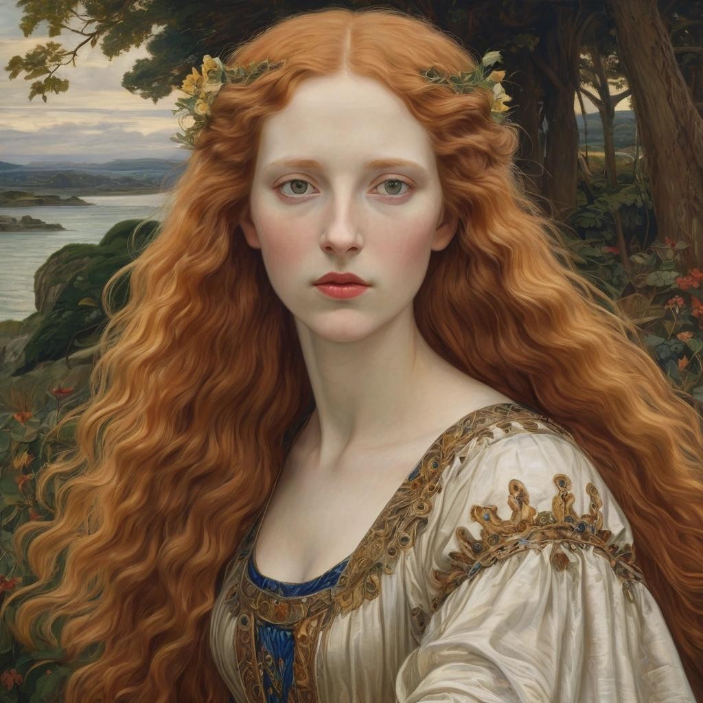 Image with seed 1208362566 generated via Stable Diffusion through @stablehorde@sigmoid.social. Prompt: Pre-Raphaelite oil painting of Lady Guinevere  with long wavy ginger hair and pale skin